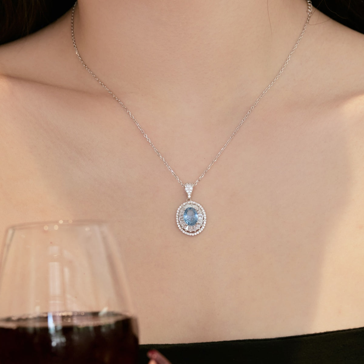 S925 Sterling Silver Square blue oval Pendant Necklace