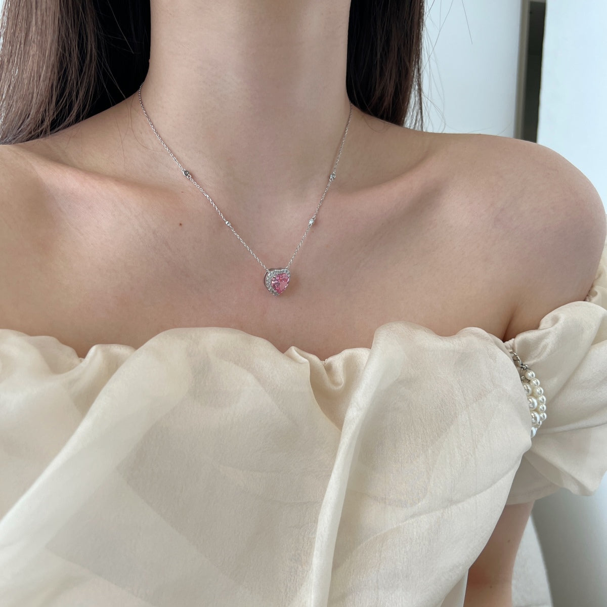 S925  lovely heart pink necklace for Women Sterling Silvercubic zirconia  Jewelry Gifts